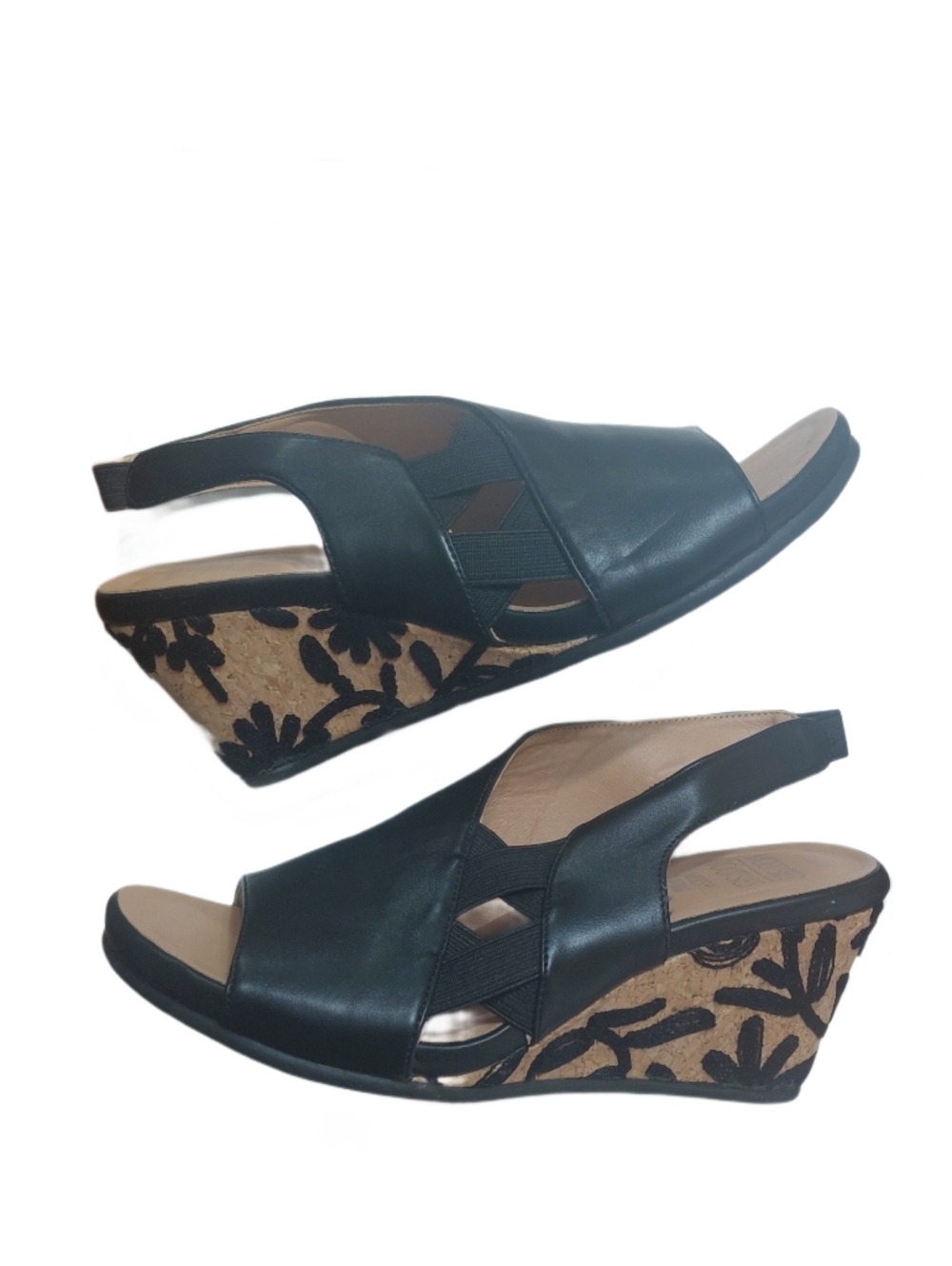 Mootsies Tootsies Black Leather Wedge Sandals with Floral Cork Heel